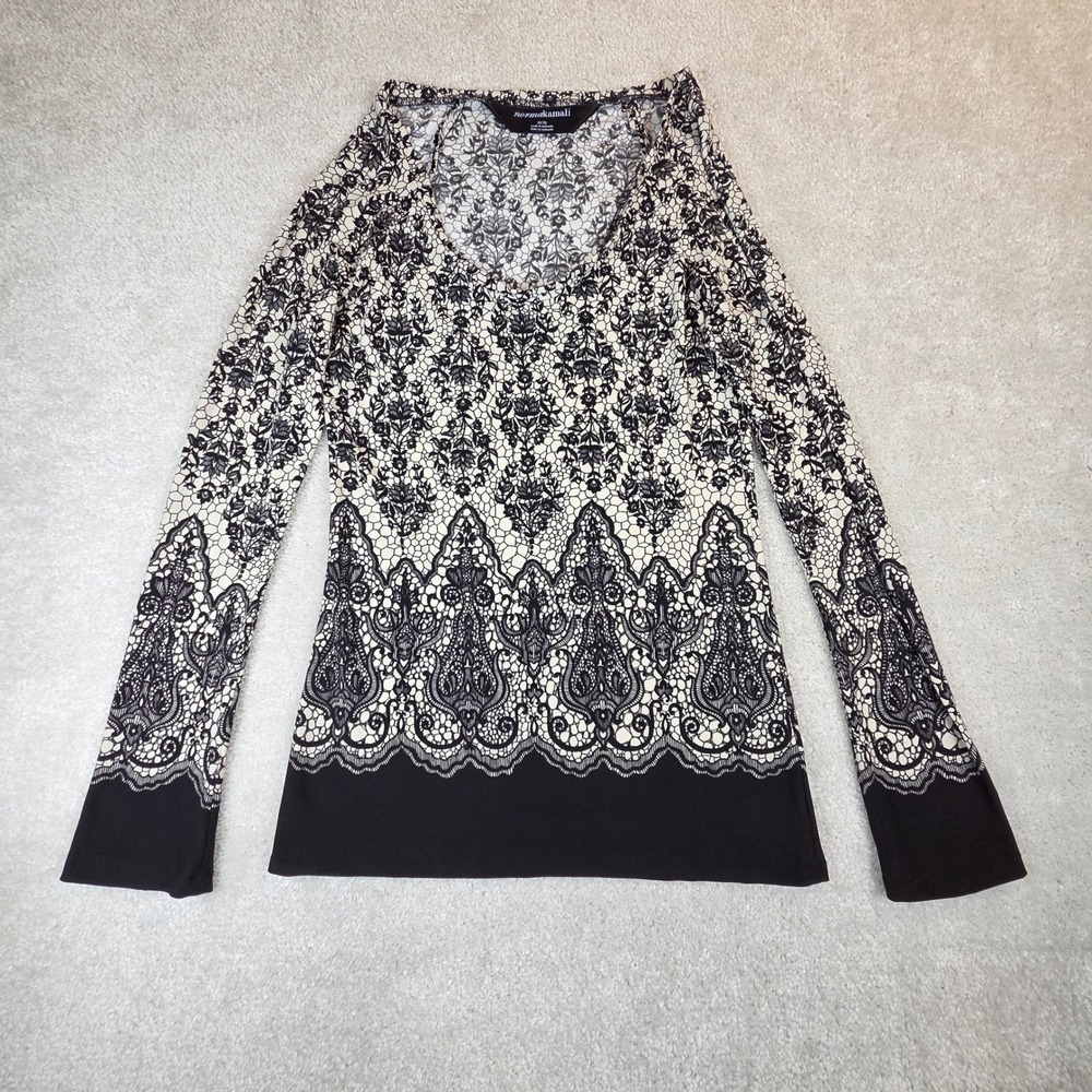 Norma Kamali Womens Black Cream Border Print Lace Floral V-Neck Top Medium